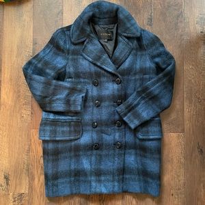 COACH blue & black plaid winter peacoat, size L